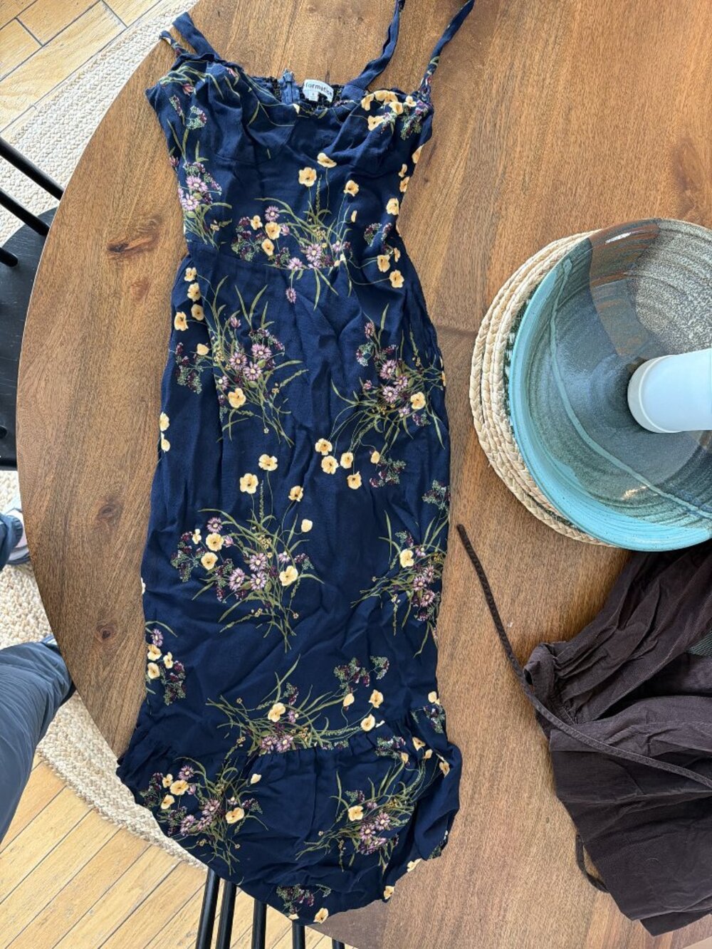 Reformation Nikita Midi Dress Mademoiselle Navy Floral Tie Strap Ruffle 6